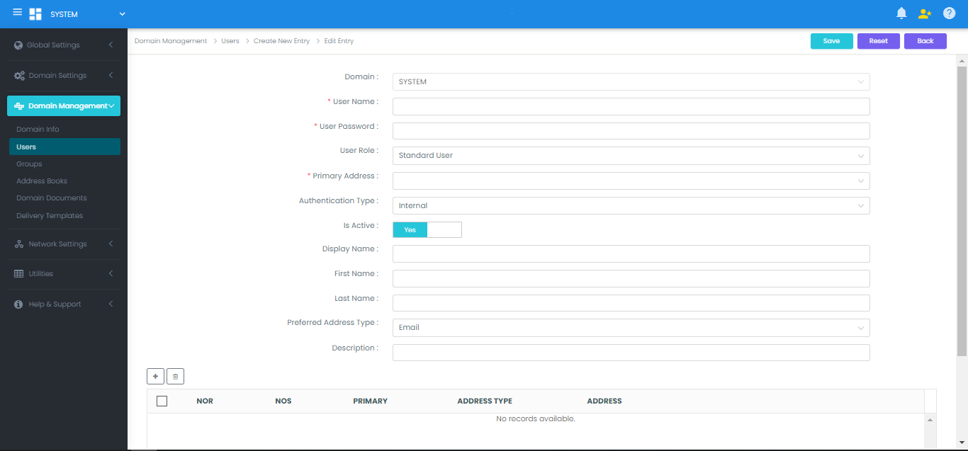 Create New User Dialog